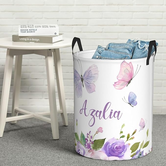 Personalized Laundry Basket for Nursery, Custom Nursery Laundry Hamper with Name, Customize Baby Clothes Circular Hamper for Boys Girls Room Decor, Floral Butterfly Purple