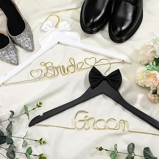 2 Pcs Wire Bride Hanger and Groom Wedding Wooden Hanger with Letter and Bow Tie for Tuxedo Suit Bridesmaid Bridal Wedding Gift Bridal Party Shower