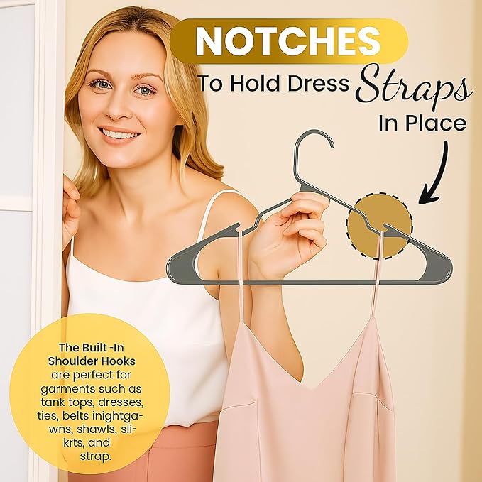 50 Pack Adult Plastic Hanger for Shirt Pants Coats Dresses Skirts Suits Jackets - Standard Thick Coat Hanger - Sturdy & Durable Design with Shoulder Grooves Hook - Grey