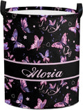 Large Custom Name Laundry Hamper, Butterfly Personalized Dirty Clothes Hamper Storage Basket with Name for Bathroom Bedrooms, Customized Name Circular Hamper with Handles for Baby Boys Girls Men Women