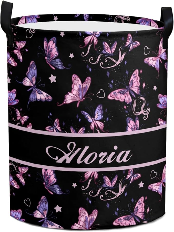 Large Custom Name Laundry Hamper, Butterfly Personalized Dirty Clothes Hamper Storage Basket with Name for Bathroom Bedrooms, Customized Name Circular Hamper with Handles for Baby Boys Girls Men Women