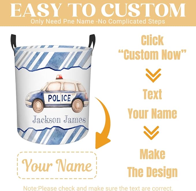 Personalized Police Car Laundry Basket, Custom Laundry Hamper With Name Gifts For Kids Baby Adults, Collapsible Dirty Clothes Storage Organizer With Handles S 16.5 X 13.8in