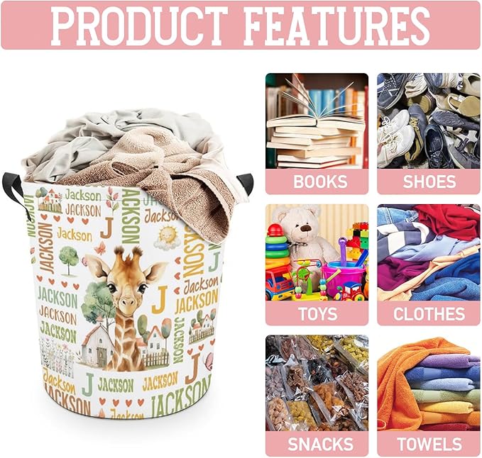Giraffe Laundry Basket,Custom Laundry Hamper with Name,Personalized Giraffe Gifts for Boys Girls,Customize Collapsible Laundry Basket for Bedroom Bathroom,M-19.5"X 15.7"
