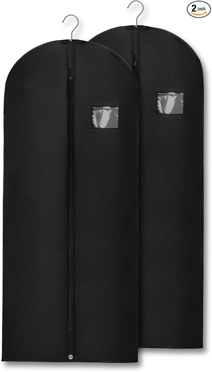 2-Pack Breathable Garment Bags for Hanging Clothes – Dust-Proof Suit & Dress Covers with Clear Window – Waterproof, Foldable Closet Storage Organizer for Coats, Gowns, and Jackets (Black, 55")