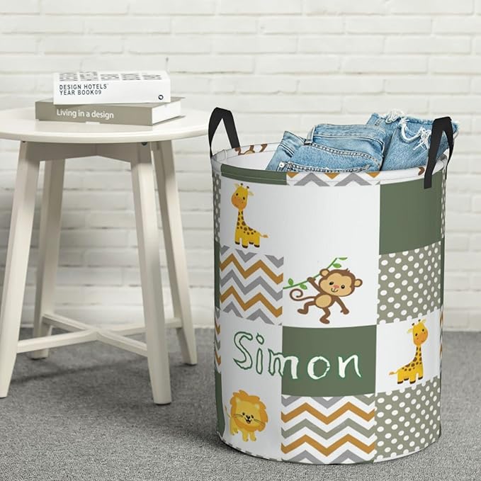 Jungle Cute Animal Customized Laundry Basket Clothes Hamper with Name Collapsible Waterproof Large Capacity Organizer Storage for Living Room.