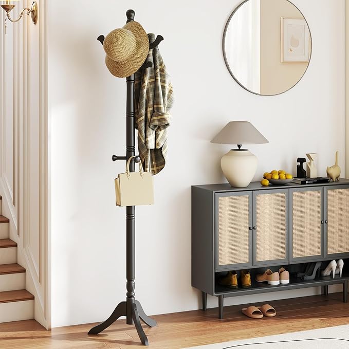 Giantex Solid Wood Coat Rack, Freestanding Hall Tree with 3 Adjustable Heights and 11 Hooks, Rubber Wood Frame, Entryway Hanger Stand, Wooden Garment Rack for Hallway, Living Room (Black)