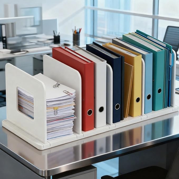 Adjustable Book Shelf Organizer 4 Section Vertical Plastic File Holder Book & Magazine Rack Folder Sorter Book Organizer for Office Home Closet & Handbag Storage (White)