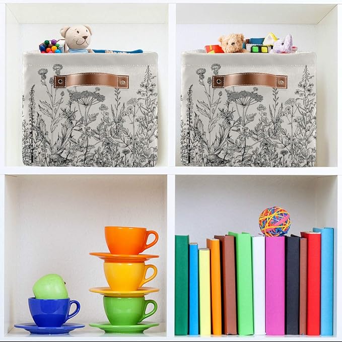 Black and White Flowers Storage Baskets,Decorative Collapsible Rectangular Canvas Fabric Storage Bin for Home