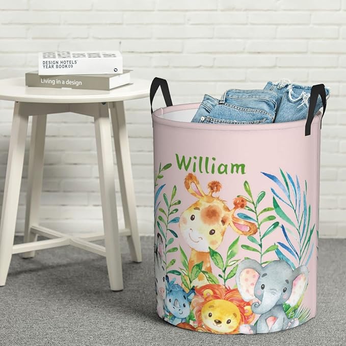 Cute Jungle Animals Customized Laundry Basket with Name Collapsible Waterproof Organizer Bin Laundry Hamper with Handle for Clothes Toys Bedroom.