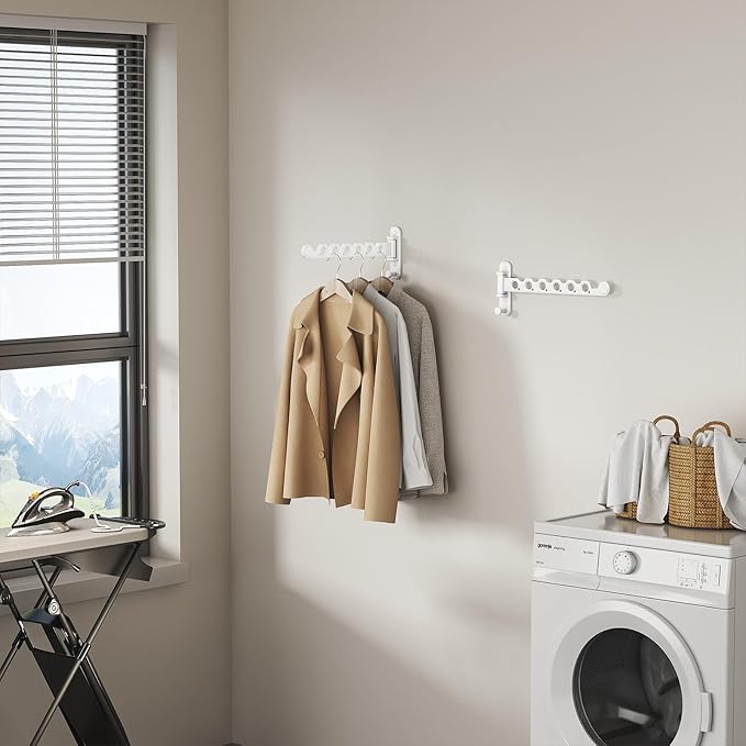 Wall Mounted Clothes Hanger Rack Foldable Drying Rack Hook Folding Indoor for Laundry Room Organization Bedroom Collapsible Racks Perfect for Small Spaces, 6 Hole White 1 Packs