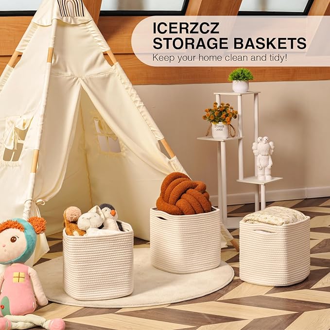 13 Inch Cube Closet Storage Bins, Woven Cotton Rope Organizer Baskets for Organizing & Shelves, Books, Towels, Clothes, Toys, 13x13x13 in, Off White (Pack of 3)