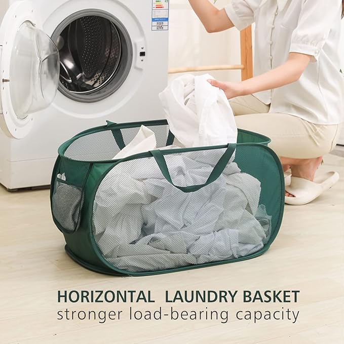 Pop Up Laundry Hamper,Collapsible Horizontal Baskets with Handles & Side Pocket,Foldable Sturdy mesh for Laundry Room,Bathroom,Kids Room,College Dorm or Travel (Black)