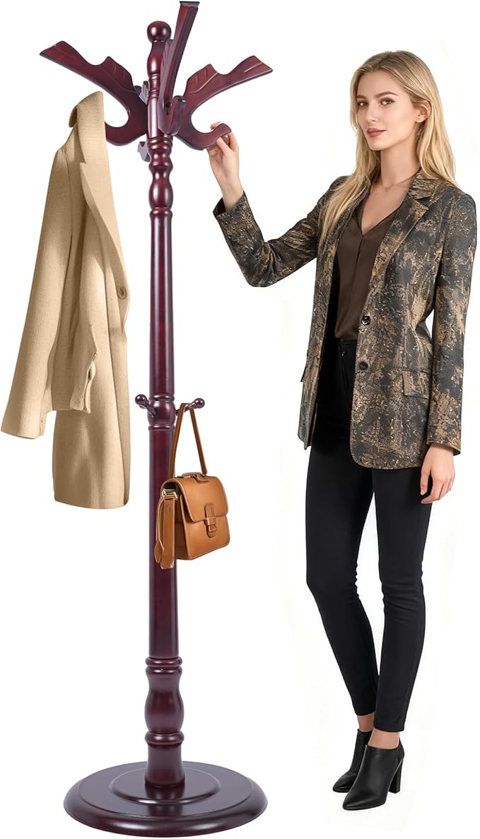 73" Wooden Coat Rack Freestanding, Coat Rack Stand With 18 Hooks And Round Solid Wood Base，Adjustable Height, Easy To Assemble For Entrance Hallway Office Living Room Bedroom (Flying Swallow)