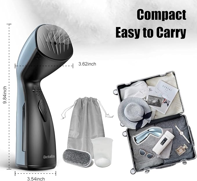Travel Garment Steamer，25s Fast Heat，Handheld Portable with Metal Steam Head, Removes Wrinkles from Clothes，Fabrics，and Garments，Metallic Blue