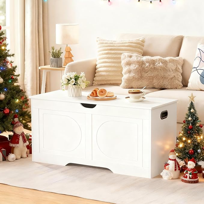 Storage Chest, 39.4” Toy Box, Entryway Storage Trunk, Shoe Bench with Storage, Engineered Wood Storage Cabinet with 2 Safety Hinges, Entrance Bench for Living Room, White SCWT2001