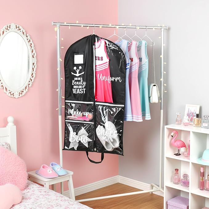 DEEKA Cheer Garment Bag for Hanging Clothes with Zipper Pockets Cheer Accessories Mom Essentials Uniform Costume 40 Inch Black Bags Stuff for Cheerleading Girls (Black,White-Cheer Quote)
