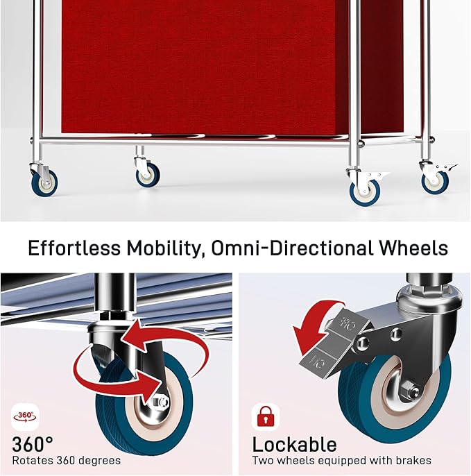 Commercial Laundry Cart with Wheels, 440 lbs Heavy Duty Industrial Laundry Cart with Sturdy Frame and Oxford Bag for Home Hotel Hospital, Rolling Laundry Cart for Home & Hotel, 400L(Red)