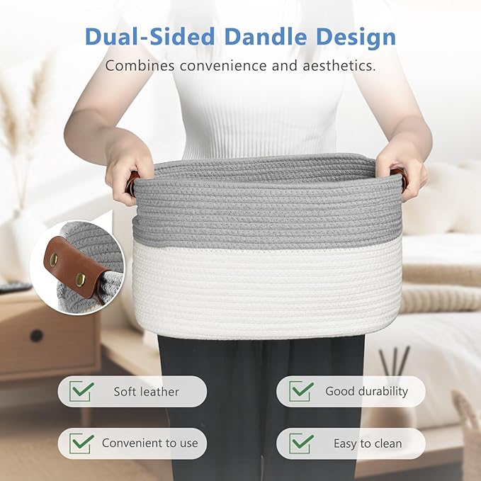 Cotton Rope Storage Baskets,15x10x9 in,Foldable Storage Bins, Decorative Woven Basket Cube Storage Organizer for Laundry, Towel, Clothes (White/Grey-3Pack, 15x10x9 inches)