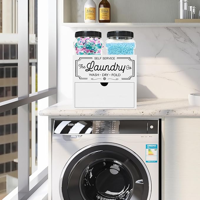 Laundry Pods Container, 7.8 x 5.1 x 6.7 Inches Wooden Dryer Sheet Container, Rustic Containers Storage Box, 2-Tier Storage Box with Drawer for Dryer Sheets and Pods (White)