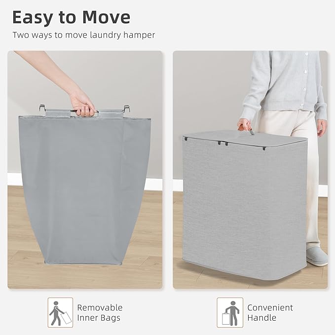 STORAGE MANIAC Double Laundry Hamper, 136L Laundry Sorter with Lid and Removable Bags, Clothes Hamper, Large 2 Section Clothes Basket with Handles for Small Space, Dorm, Closet, Bathroom, Gray