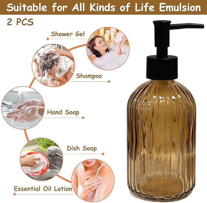 Brown Glass Soap Dispenser Set with Black Pump, 13.5oz Refillable Liquid Hand Dispenser, Vertical Stripe Lotion Dish Soap Dispenser for Modern Home Decor, Bathroom, Kitchen Countertop, Hotel(2 Pack)