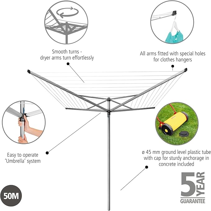 Brabantia Topspinner Outdoor 4 Arm Spinning Clothesline (164 ft/Ø 1.8") Rotating, Folding Clothes Drying Rack + Concrete Ground Tube (Gray)