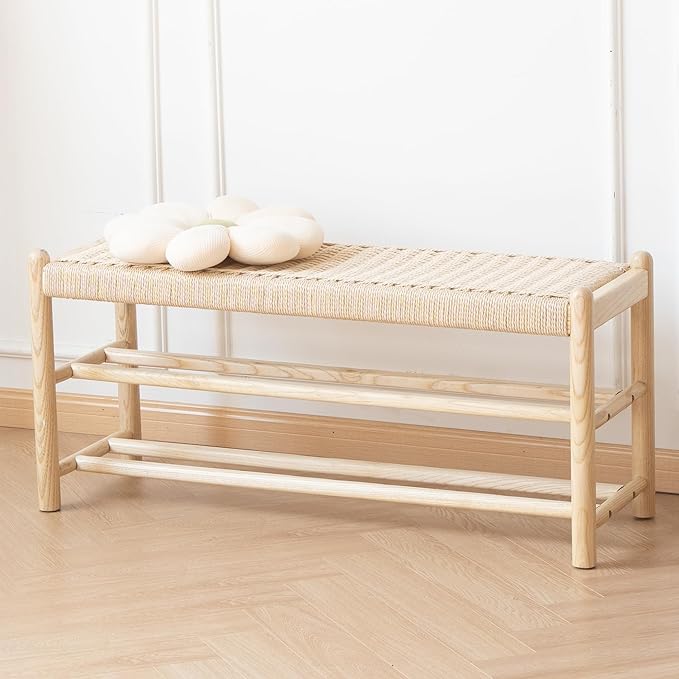 Solid Wood Entryway Bench with Shoe Storage, Rustic Oak Wood and Woven Design 39.4 Inch Long Seating for Living and Dining Rooms, 3-Tier Nature