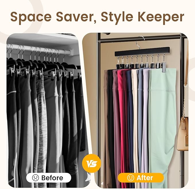 2 Pack Leggings Hangers for Closet, Wooden Legging Hanger for Closet Organizer with 20 Upgraded Clips Holds 20 Leggings, 360° Rotatable Space Saving Yoga Pants Hanger for Socks, Skirts, Black