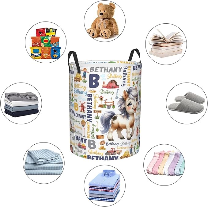 Personalized Farm Horse Laundry Basket For Baby Kids Boys Girls Adult Custom Hamper Basket With Name For Bathroom Bedrooms Collapsible Baby Laundry Basket, Dirty Clothes Hamper With Handles