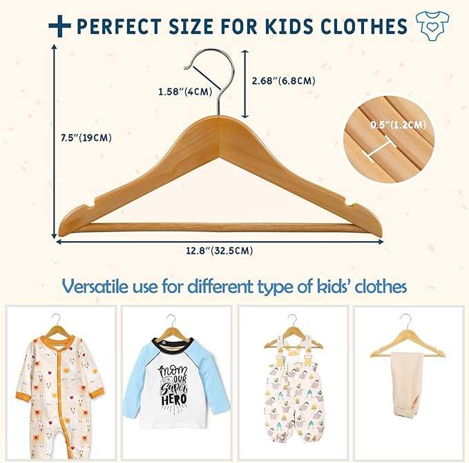 Kids Wooden Hangers 20 Pack, Natural Wooden Baby Hangers with Smooth Finish, Solid Wood Children Hanger for Clothes with Precisely-Cut Notches, Swivel Hook Baby Clothes Hanger for Closet
