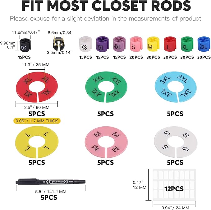 236Pcs Hanger Size Markers and Clothing Size Dividers for Clothes Rack Assortment Kit Including 200Pcs Hanger Size Markers 30Pcs Round Dividers 5Pcs Markers and Adhesive Labels