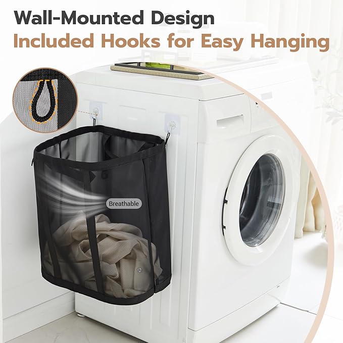 Mesh Laundry bag with Handles, 42L Collapsible Laundry Basket with 2 Hooks, Wall-Mounted Foldable Laundry Hamper Hanging for Bathroom, Dorm or Travel (Black, 1 Pack）
