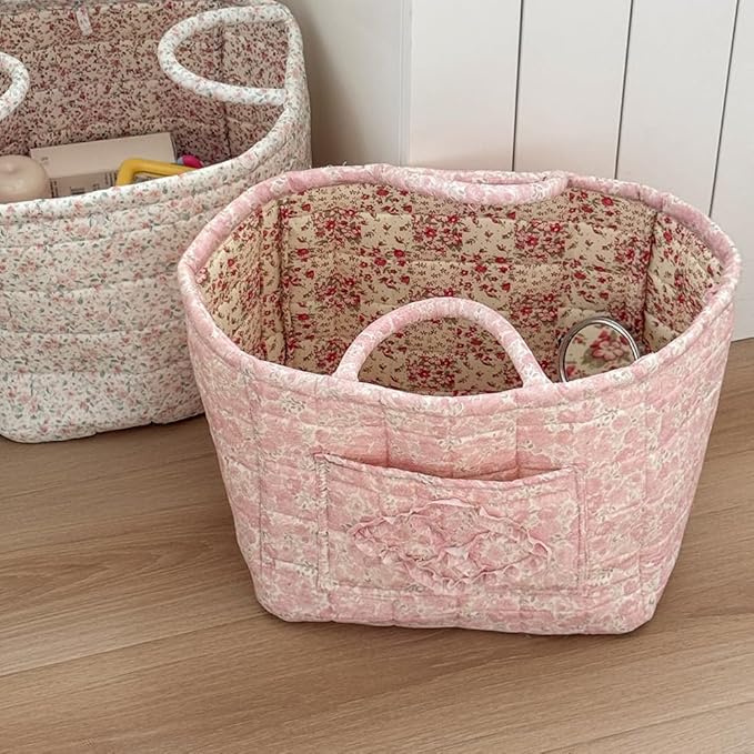 Quilted Fabric Storage Basket Boho Floral Laundry Baskets with Handles Collapsible Quilted Soft Basket for Car, Clothes, Toys Storage