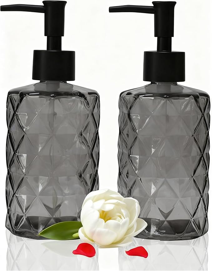 Glass Soap Dispenser with Black Plastic Pump, 12oz Refillable Liquid Hand Soap Dispenser, 2 Pack Crystal Lotion Bottle for Modern Home Decor, Bathroom, Kitchen, Vanity Countertop, Hotel (Black