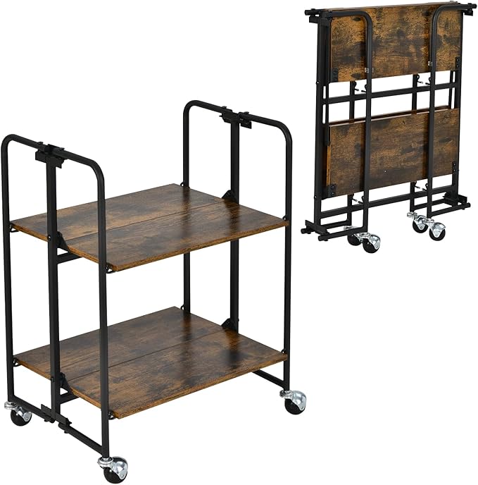 Giantex Foldable Storage Shelves with Wheels, No Assembly 2-Tier Rolling Cart, 2 of The Wheels Have Locks, Microwave Utility Cart Baker Rack, Portable Storage Rack w/Metal Frame, for Kitchen, RV