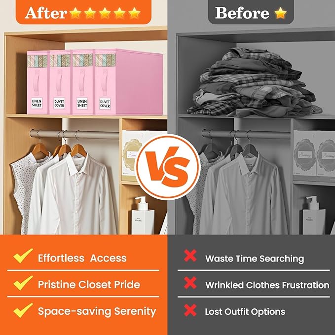 WOWBOX Sheet Organizers and Storage,Closet Bed Sheet Organizer Under Bed Storage and Organization with Label Cards & Clear Window for Bedding Sheets,Duvet Covers,Blankets (3 Pack，Pink)