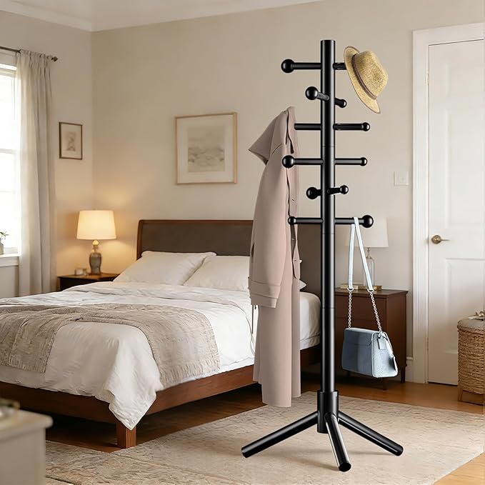 Wooden Coat Rack Freestanding with 12 Hooks 3 Adjustable Heights，Standing Coat Rack Tree for Hat and Coat Rack for Small Spaces Entryway,Office,Bedroom,Black