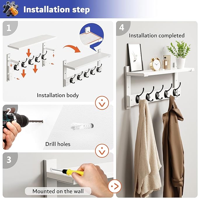 Wall Hooks with Shelf, Coat Rack Wall Mount for Coat Backpack Key Clothes Hanger, Wall Floating Shelf Hanging in Entryway, Living Room, Bathroom, Bedroom, Kitchen(White)