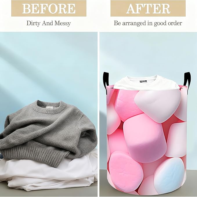 Marshmallow Laundry Basket Hamper for Boys Girls Kids Adults, Foldable Waterproof Oxford Clothes Storage Bin, Pink Candy Organizer for Bedroom Bathroom Room Decor 19.7"x15.8"