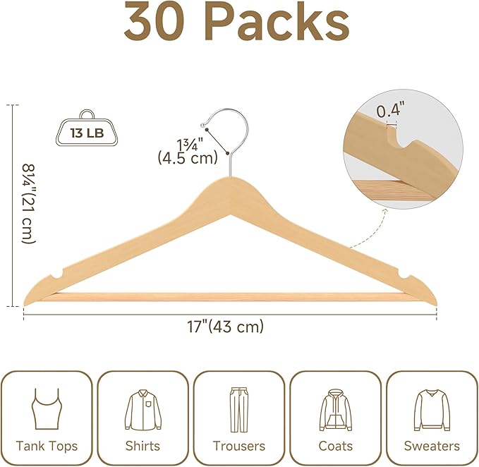 StorageWorks Clothes Hangers, Wooden Hangers 30 Pack for Closet, Wood Hangers for Coats, Shirts, Jackets, Pants, Suits, Natural Wood Color