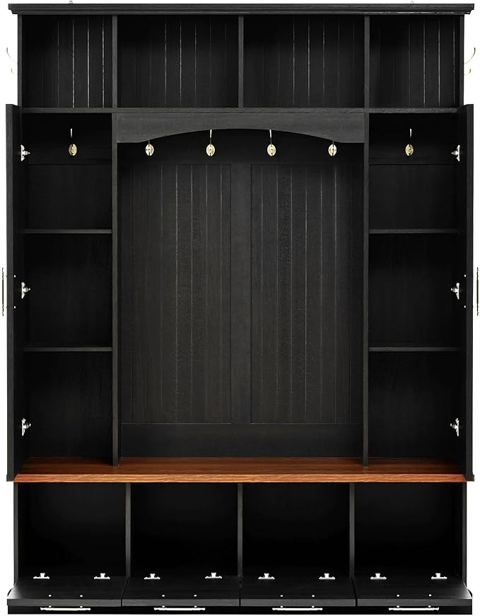 Versatile Hall Tree with Golden Hooks and 2 Doors, 5-in-1 Wood Coat Rack Entryway Shoe Cabinet with Bench& Adjustable Shelves, Functional 59'' Wide Hall Tree for Entrance Hallway (Black-8.2)