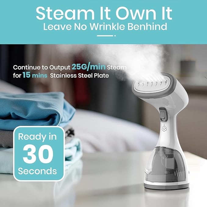 Steamer for Clothes 1500W，30S Fast Heat Plancha a Vapor Para Ropa, 260ML Water Tank Clothing Garment Fabric Iron Travel Steamer Handheld Portable for Wrinkles (White)