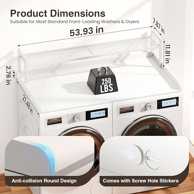 Washer Dryer Countertop with Shelf, 54" x 27.5" Wooden Washer and Dryer Topper, Laundry Countertop with Anti-Slip Pads, Washer Dryer Topper for Laundry Room Organization and Storage (White)