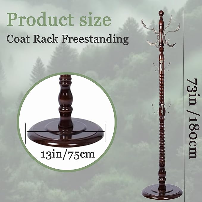 Coat Rack Freestanding,Solid Wooden Coat Rack Stand with 3 Height Options,14 Hooks, Natural Birch Coat Tree Easy to assemble for Clothes Jacket Hat bag Entryway (mahogany) (Nostalgic)