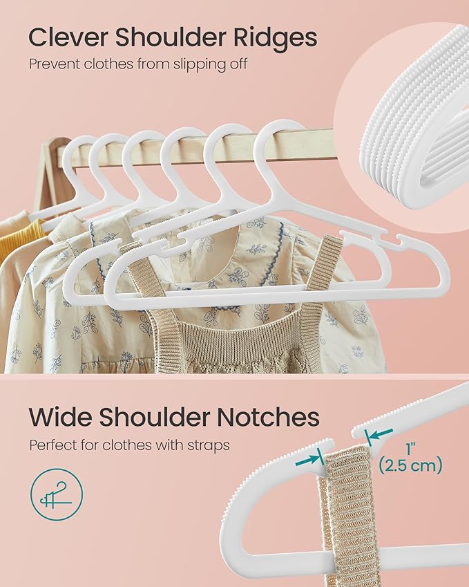 SONGMICS Kids Hangers 100 Pack, Plastic Baby Hangers for Closet, 14 x 7 Inches, for Children Aged 7-12 Years, Space-Saving, Non-Slip, Cloud White UCRP190W01