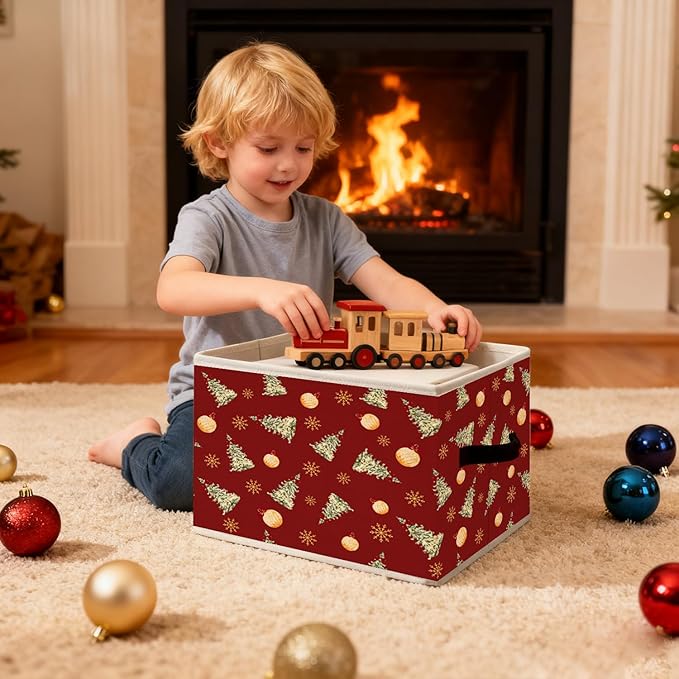 Christmas Tree Storage Bins, Red Christmas Bauble Winter Snowflakes Holiday Foldable Closet Organizers Storage Basket Toybox for Clothes Bed Sheets Blankets Toys