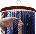 Tie Rack,24 Hook Tie Holder,360° Rotating,Foldable Metal Hooks,Tie Hanger Organizer for Closet Wooden Belt Storage Rack for Men Ties Belts Scarves Accessories(Red Brown)