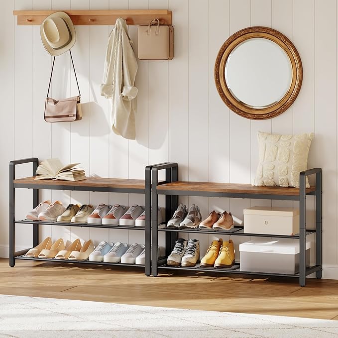 HOOBRO Shoe Bench, 3-Tier Shoe Rack Entryway Bench, 29.5" L Shoe Storage Bench with Metal Handles, Industrial Shoe Organizer for Hallway, Space Saving, Mesh Shelves, Rustic Brown and Black BF32HX01