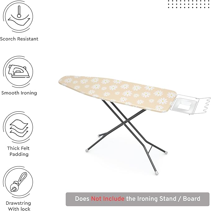 Encasa XO Ironing Board Cover and Pad 54"x18" - Thick 3mm Felt Padding, Drawstring Tightening & Lock, Easy Fit, Scorch & Stain Resistant, Fits X-Large Ironing Board - Daisy Beige