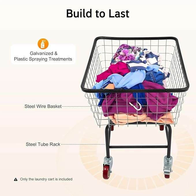 Steel Wire Laundry Cart, Commercial Wire Laundry Basket with Wheels, Rolling Laundry Cart Heavy Duty Large Steel Basket for Laundry Clothes Storage, 20x15.7x 26in